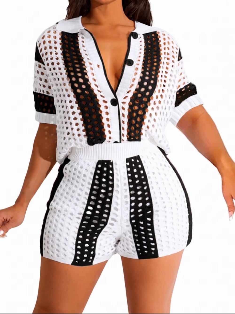 Two-Piece Knit Mesh Set in White and Black